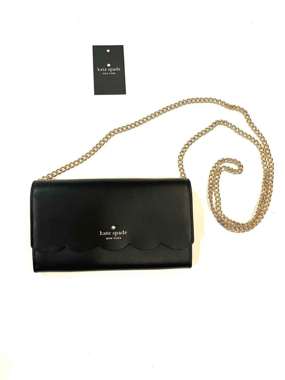 kate spade Gemma Black Leather Scalloped Crossbody Wallet on a Gold Chain NEW